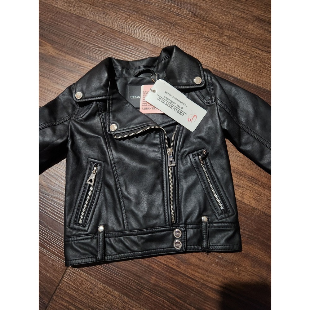 Urban‎ Republic Jacket Kids 3T Black Faux Leather Moto Biker Lined Zip Pockets